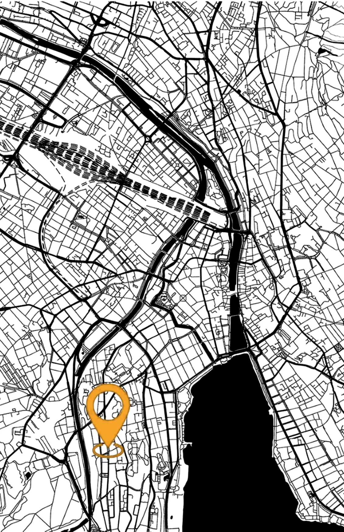 Runder Stadtplanausschnitt von Zürich mit orange markiertem Büro an der Waffenplatzstrasse 51